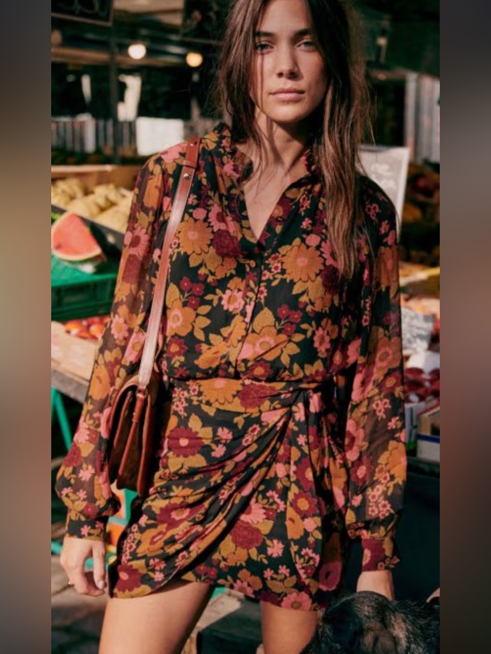 Sezane Black Floral Long-Sleeve Wrap Dress with Pink & Olive Blooms